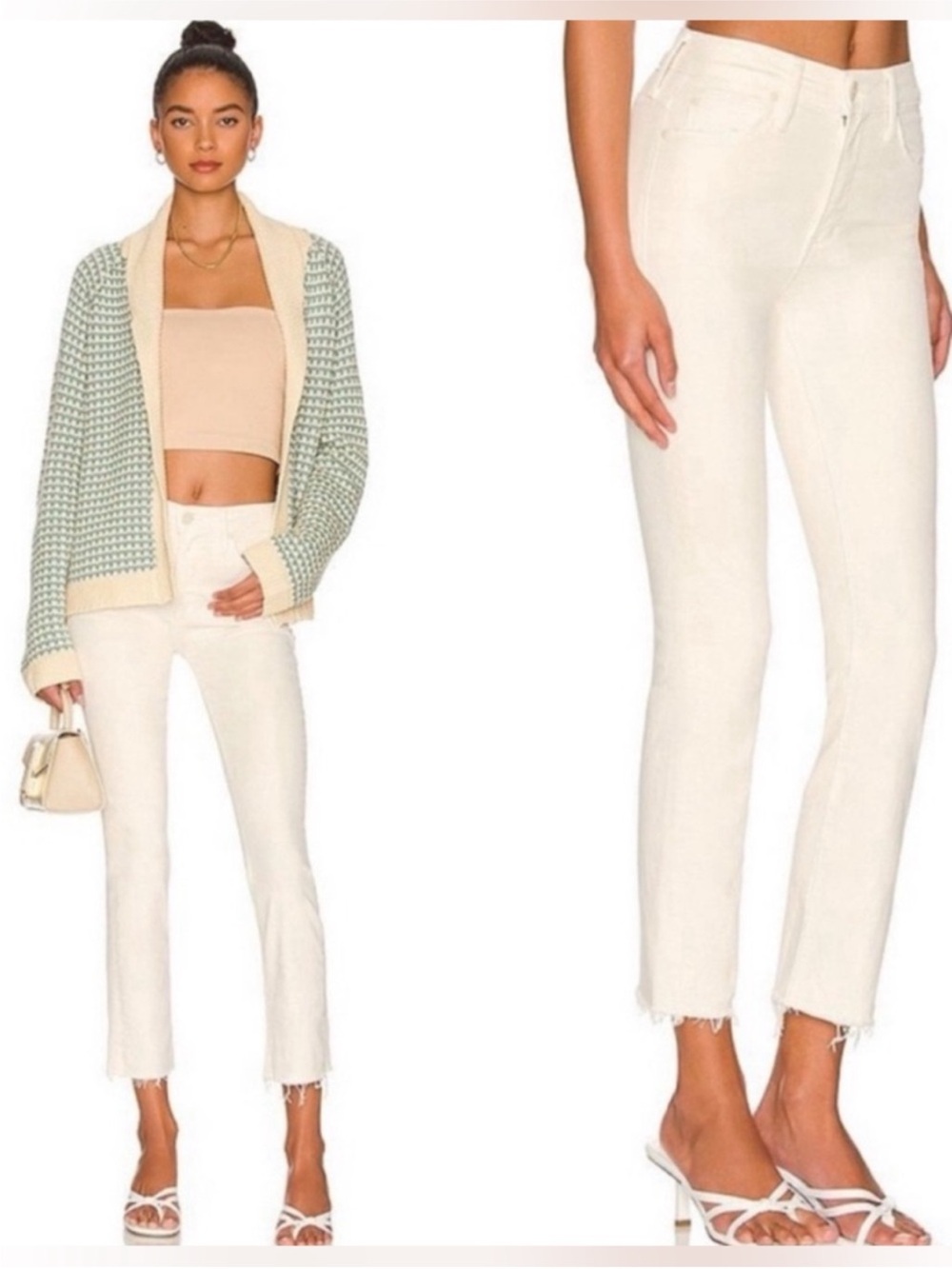MOTHER MID RISE DAZZLER CROP FRAY JEANS IN CREAM PUFF SIZE 26